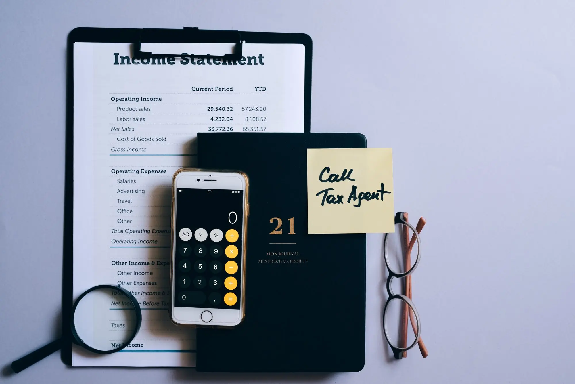 Income statement on a clipboard beside a phone calculator and a sticky note reading Call Tax Agent